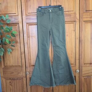 Zenana Outfitters DOP-1615A High Rise High Waist Olive Flare Jeans S Q152